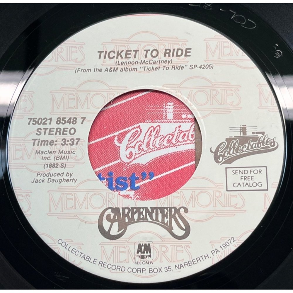 The Carpenters Close to You / Ticket to Ride (Beatles) 45 Pop Reissue VG+/NM
